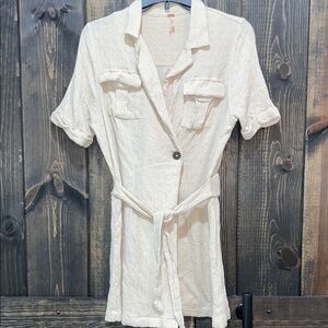 Free People Clementine Linen Mini Dress XS Beige Natural Wrap Belted Boho Basic